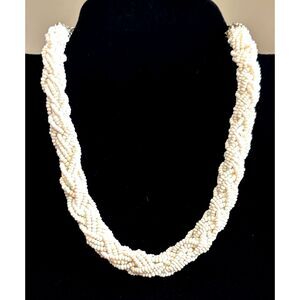 VTG White Beaded Necklace Earrings Set Twisted Seed Bead Cluster Retro Jewelry